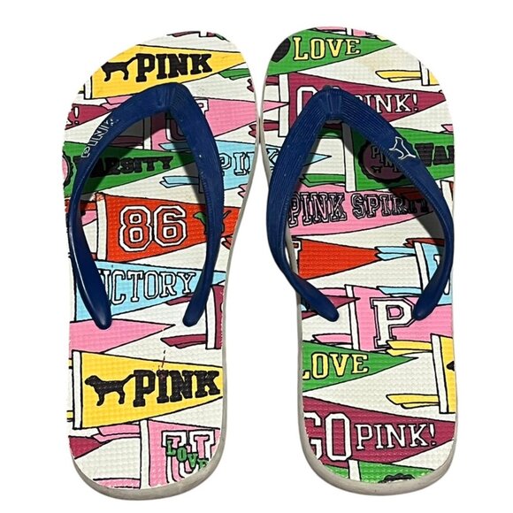 Pink Victoria's Secret Multi Color‎ Flip Flop Sandals Size 7 Vtg Love Pink Flags - Picture 1 of 4